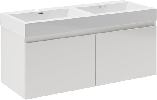 Fresca Mezzo 48 Inch White Wall Mount Modern Double Bathroom Vanity - Includes Double Integrated Sinks with 4 Soft-Closing Hidden Drawers - Faucets Not Included - FCB8012WH-I