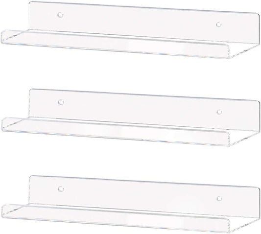 Weiai Clear Acrylic Shelf 15" Invisible Floating Wall Ledge Bookshelf, Kids Book Display Shelves Wall Mounted (15 Inch 3Pack)