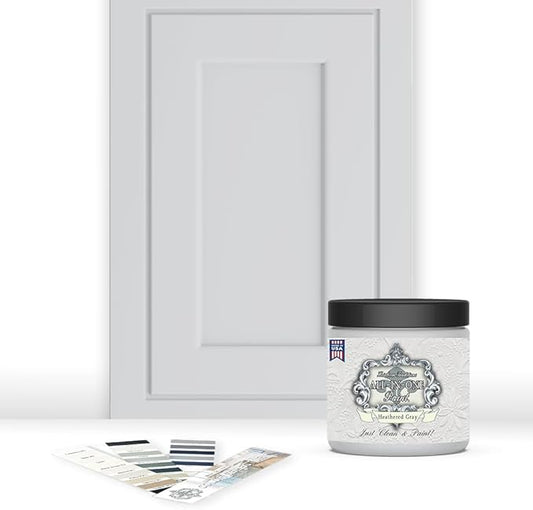 ALL-IN-ONE Paint, Durable cabinet and furniture paint. Built in primer and top coat, no sanding needed. Includes our 30 featured color card - Heathered Gray (light cool gray), 8oz Sample