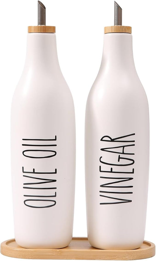HOMCDALY Olive Oil and Vinegar Dispenser Set, 16oz Ceramic Oil Dispenser for Kitchen, Kitchen Dispenser Bottle for EVOO Vinegar Syrups, Modern Farmhouse Design | Set of 2 – P-White