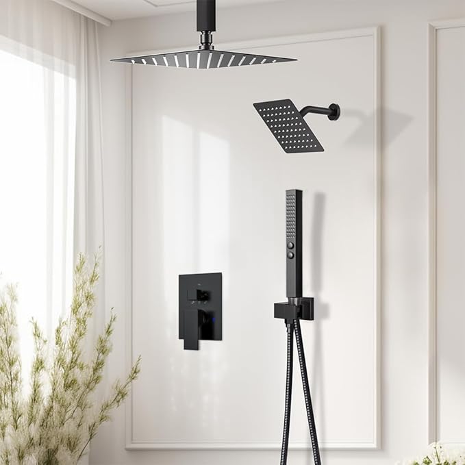 Shower Faucet Sets Shower System Matte Black, STARBATH 12+6" Double Rainfall Shower Head with 2 in 1 Handheld High Pressure Spray, 3 Way Shower Valve with 5 Diverter and Trim Kit Complete