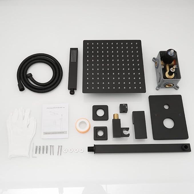 Matte Black Shower System YCAIKOI Wall Mount Shower Faucet Set for Bathroom 10 Inch High Pressure Luxury Shower Head with Handheld, Rough-in Valve Body and Trim Included