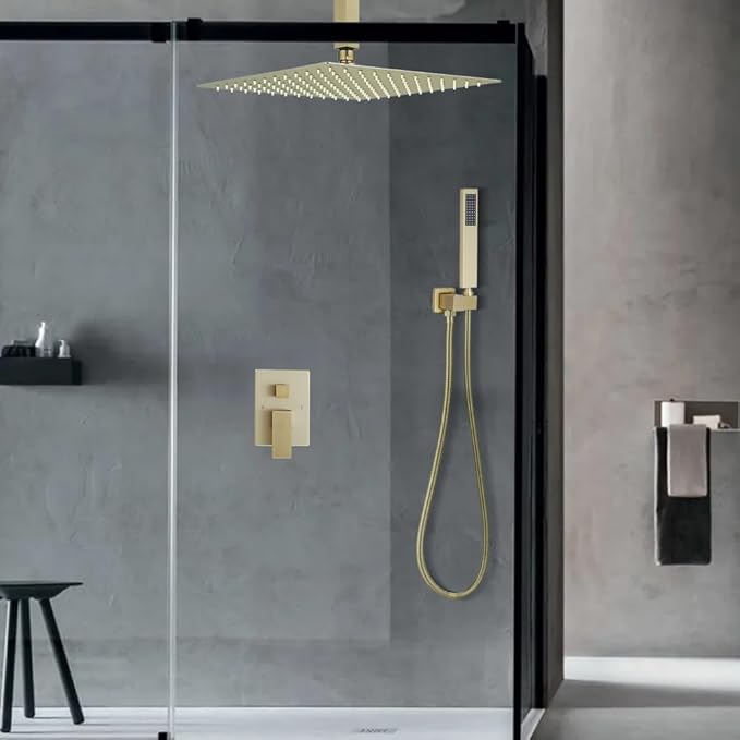 16 Inch Ceiling Mount Brushed Gold Shower System Bathroom Luxury Rain Mixer Shower Combo Set Ceiling Rainfall Shower Head System (Contain Shower Faucet Rough-in Valve Body and Trim)