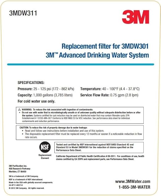 3M Water Filtration System Under Sink Dedicated Faucet Replacement Water Filter Cartridge DW311-01