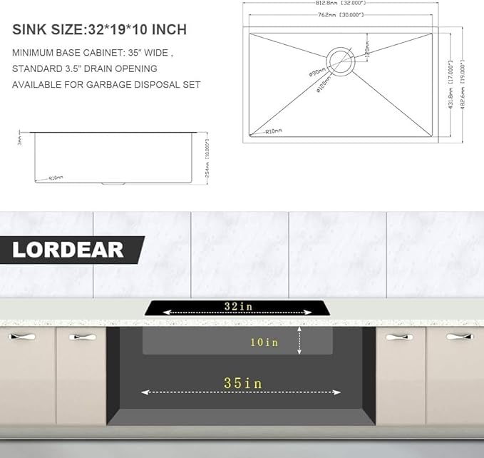Lordear 32 Black Kitchen Sink Undermount 32" x 19" x 10" Gunmetal Black 16 Gauge Stainless Steel Single Under Counter Rectangular Handmade Sinks Basin
