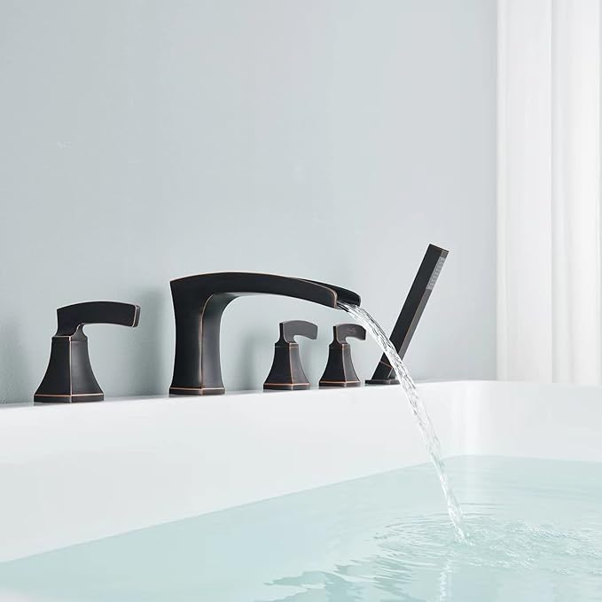 Waterfall Roman Tub Faucet Bathtub Faucets Oil Rubbed Bronze Deck Mount Tub Filler 5 Hole Brass Bathroom Faucets with Hand Shower