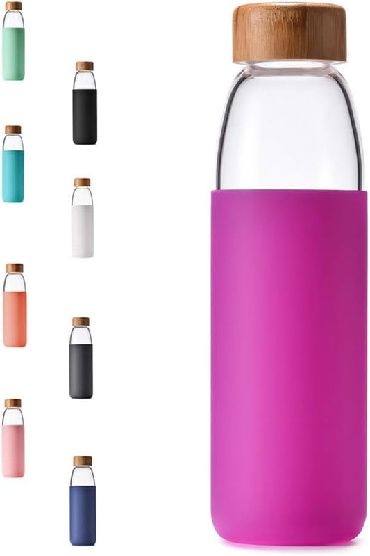 veegoal Glass Water Bottles 18 Oz Borosilicate with Bamboo Lid, BPA-FREE, Non-Slip Silicone Sleeve, and Stainless Steel Leak Proof Lid - Glass Water Bottle for Men and Women