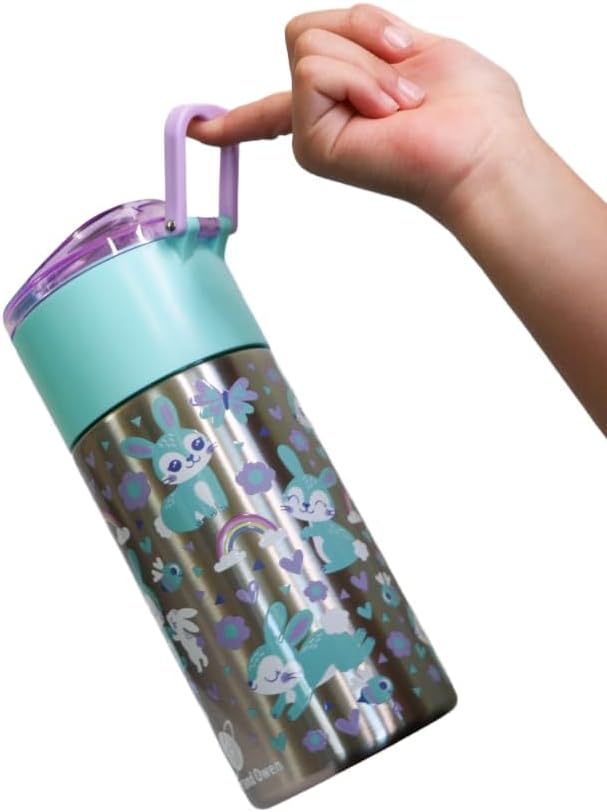Kids insulated water bottle with straw and snack cup. Double wall stainless steel 14oz (lilac and turquoise bunnie)