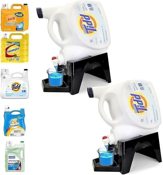 TidyFriend 2 Pack Laundry Detergent Dispenser with Tray & Strap, Laundry Soap Dispenser with Non-Slip Rubber Feet for Washing Room Organization, Easy Pour (Black)