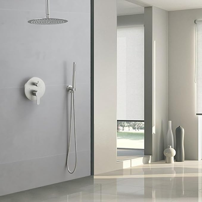 Brushed Nickel Ceiling Mount Round Rain Shower System with 16 Inch Shower Head and Handheld Bathroom Shower Set Contain Shower Faucet Trim Kit (Mixer Valve Included)