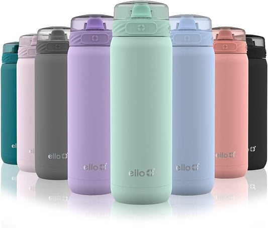 Ello Cooper 22oz Stainless Steel Water Bottle with Straw and Carry Handle, Double Walled and Vacuum Insulated Metal, Leak Proof Locking Lid with Soft Silicone Spout, Reusable, BPA Free, Yucca
