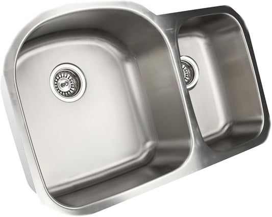 Double Bowl Stainless Steel Sink – Undermount Kitchen Sink, 70/30 Ratio Large & Small Bowl, with Basket Strainer Drains – 18 Gauge Steel, Brushed Finish, Easy Clean Corners FP7030