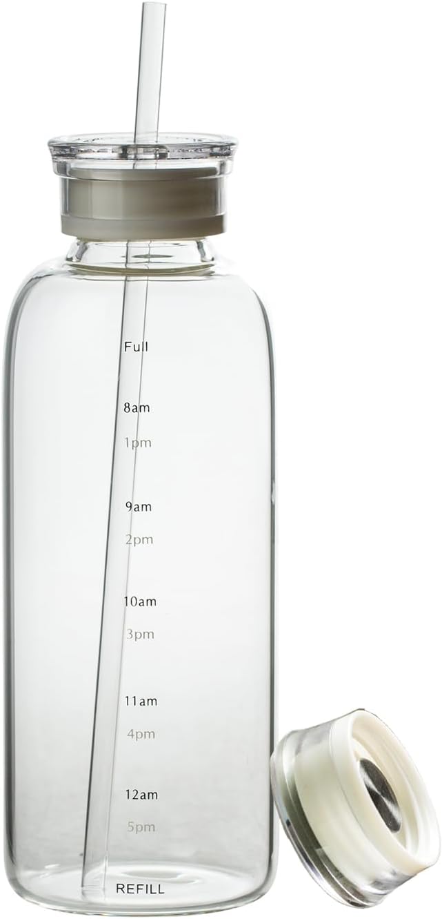 Glass water bottle With Time Marker -24oz with 2 caps and straw,Reusable Glass Drinking Bottles，Suitable For Drinks, Juices, Sodas, Coke, As Gifts Etc (24oz)