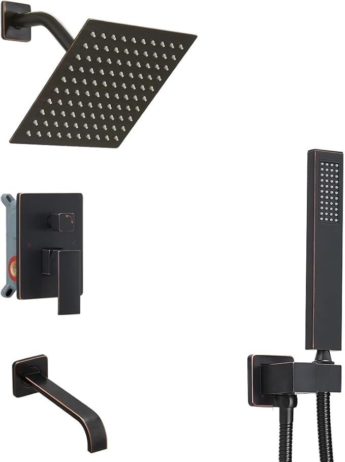 Oil Rubbed Bronze Shower Faucet Set with Tub Spout Bathroom Rainfall 8 Inch Shower Head System with Handheld Single Handle Shower Trim Kit with Rough-in Valve