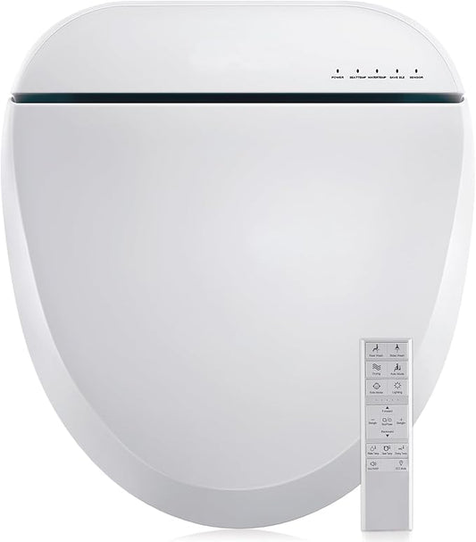 Bidet Toilet Seat, Round, Smart Unlimited Warm Water, Electronic Heated Toilet Seat with Remote Control, Turbo Wash, Dryer, Rear and Front Wash, Slow Closes, Night Light, White, 102DS-W
