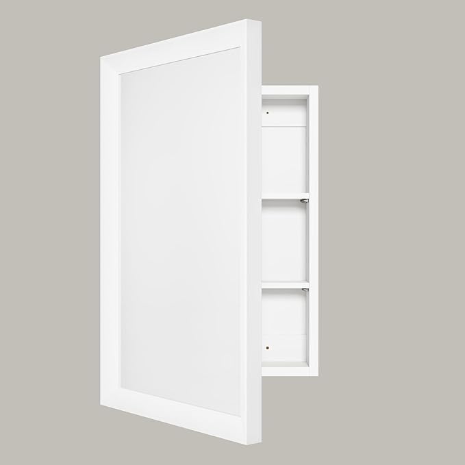 Retro-Style Medicine Cabinet with 17’’x27’’ Solid Wood Mirror Frame, Bathroom Recessed Wall Cabinet, Living Room Wood Storage Cabinet, White