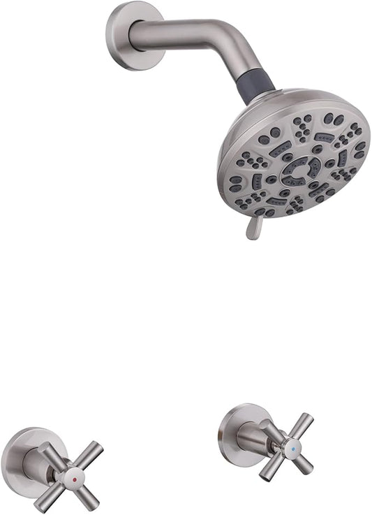 2 Handle Shower Faucet,Wall Mounted Two Handles Shower Faucet Set with 8 Modes Rainfall Shower Head,2 Knobs Single Function Shower Trim Kit with Rough-in Valve,Brushed Nickel