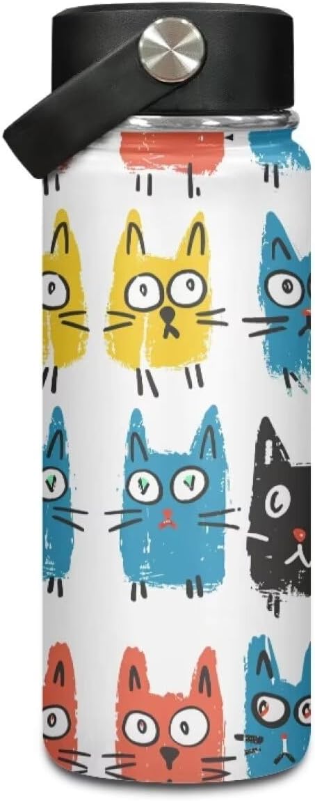 Cat Print Insulated Water Bottle 18 Oz Stainless Steel Double Wall Vacuum Insulated Sports Water Bottle Reusable Travel Cup