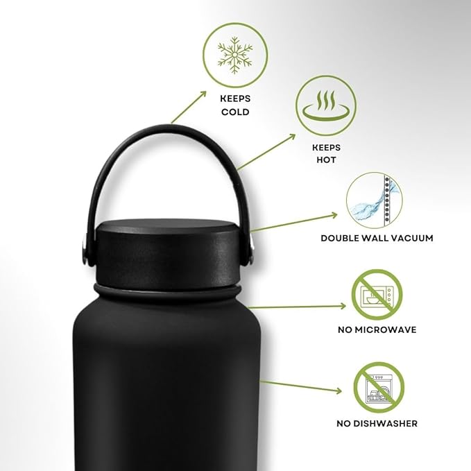 32 OZ Double Wall Stainless Steel Vacuum Bottle Insulated Water Bottles Outdoor Sports Bottle with Handle Lid, Spill-Proof, Hike, School, Hydration, Ivory, Black, Pale Green, Lavender (Black)