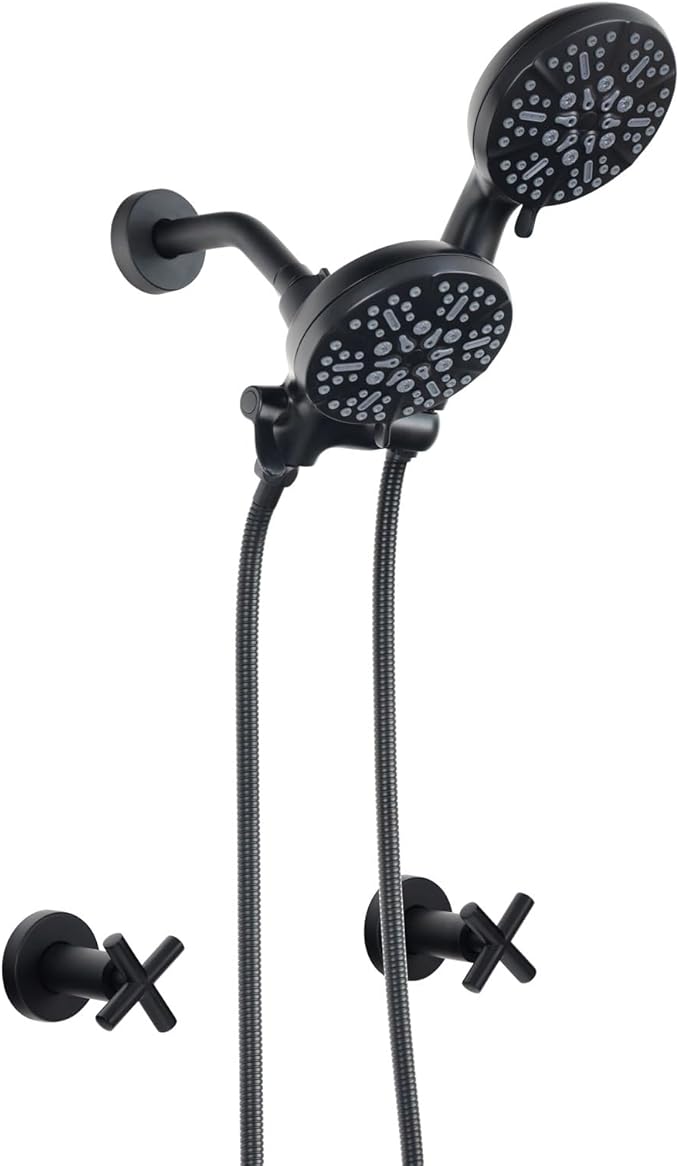 2 Handle Shower Faucet Set With Handheld Shower Head,Dual 2 in 1 Shower Head System, Shower Combo Set with Handheld,2 Knobs Tub and Shower Trim Kit with Valve,Wall Mounted,Matte Black,2A3MK