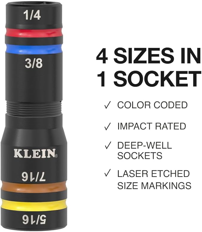 Klein Tools 651QS Quad Socket, 4 Sizes in 1 Socket, 4-in-1 Color Coded SAE Impact Rated, Heavy Duty, 1/4-Inch Drive, 3-1/2-Inch Shaft