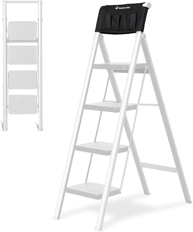 Double Elite Step Ladder 4 Step Folding with Handgrip, Convenient Step Ladder with Tool Bag Safer 330 Lbs Load 4 Step Ladder Folding Step Stool, Small Sturdy Ladder for Adults with Wide Pedals, White