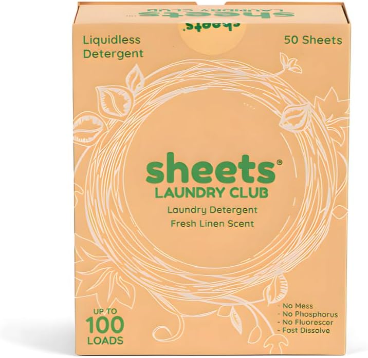 Sheets Laundry Club Laundry Detergent Sheets, 100 Loads - Fresh Linen Scent, Eco-Friendly, Quick-Dissolving Formula, Hypoallergenic, Septic Safe, Plastic-Free Packaging - 50 Sheets