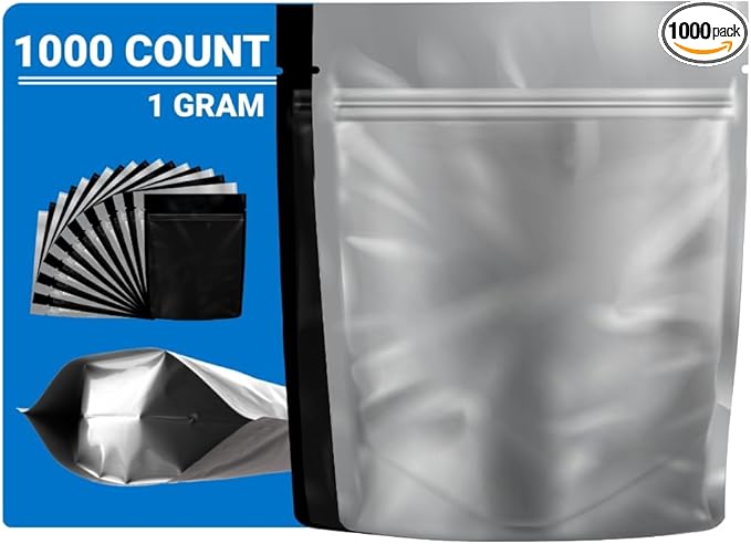 Mylar Bags Smell Proof 1 Gram Black/Clear - 1000 Count 4.125"X3.35" 6mill Thickness - Packaging Bags - Mylar Bags For Food Storage - Resealable Bags - Smell Proof Bags