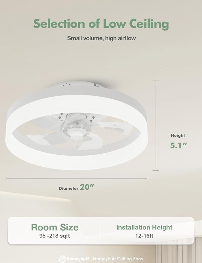 Flush Mount Modern Ceiling Fan with Lights Remote, 6 Speed Low Profile Ceiling Fan, 20-Inch, White(5-Blades) for Living Room,Bedroom,Kids Room,Small Room