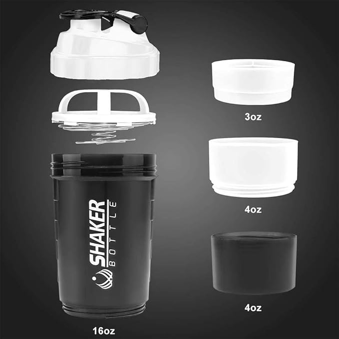 Protein Shaker Bottle - Sports Water Bottle - Non Slip 3 Layer Twist Off 3oz Cups with Pill Tray - Leak Proof Shake Bottle Mixer- Protein Powder 16 oz Shake Cup with Storage