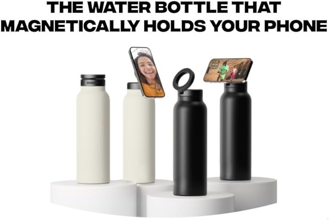 Magnetic Ring Top Insulated Stainless Steel Water Bottle with Phone Holder, 360° Rotation, Portrait/Landscape Modes, (Blue)