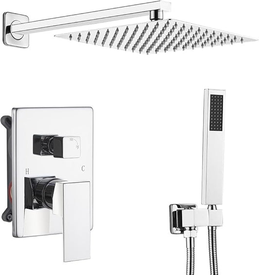 Rain Shower System Set with 10 Inch Large Shower Head High Pressure 2 Function Recessed Shower Valve Mixer Chrome Surface for Bathroom Remodel, Chrome