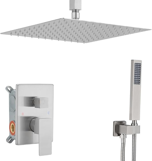 Brushed Nickel Shower System Bathroom 16 Inch Rain Shower Head Ceiling Mount with Handheld Luxury High Pressure Shower Combo Set Shower Faucet Rough-in Valve Body and Trim Included