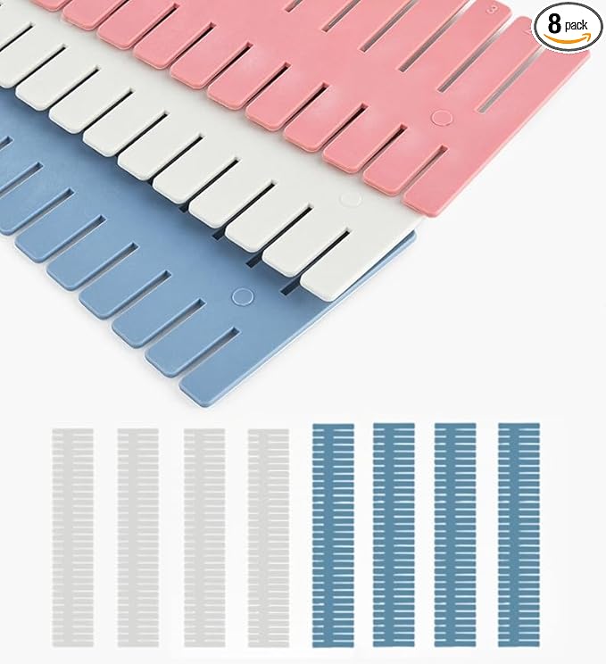 Adjustable Drawer Divider Kit – 8 Pack (White + Blue) – DIY Expandable Drawer Organizer for Dresser, Kitchen, Bathroom
