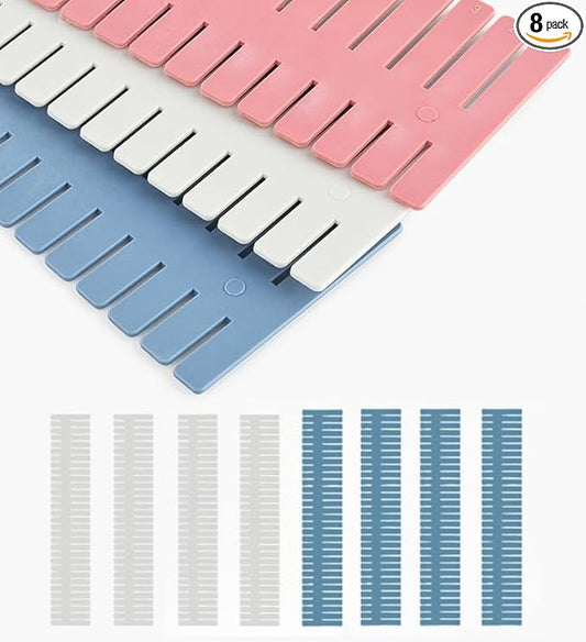 Adjustable Drawer Divider Kit – 8 Pack (White + Blue) – DIY Expandable Drawer Organizer for Dresser, Kitchen, Bathroom