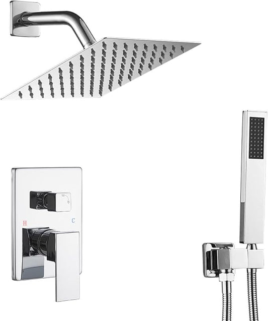 Chrome Shower System with High Pressure 8'' Rainfall Shower Head, Handheld Shower head, Bathroom Luxury Rain Mixer Shower Combo Set Wall Mounted Shower Faucet Rough-in Valve and Trim Kit