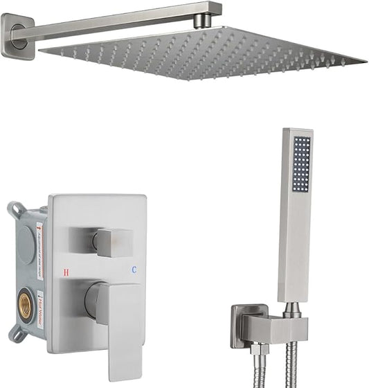 Shower Faucet Set Complete, Wall Mount Shower System for Bathroom 12 Inch High-Pressure Rainfall Shower with Handheld, Rough-in Valve Body and Trim Kit, Brushed Nickel