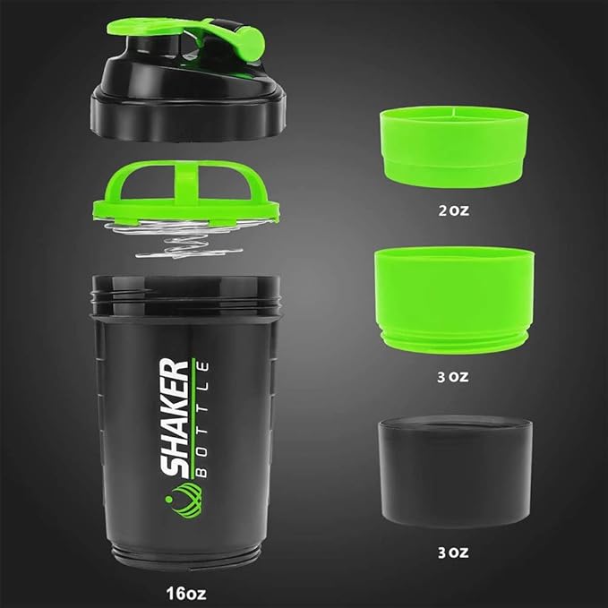 Protein Shaker Bottle,16 oz Shake Cup for Protein Powder with Storage,Sports Water Bottle,Non Slip 3 Layer Twist Off 3oz Cups with Pill Tray Leak Proof Shake Bottles for Protein Mixes