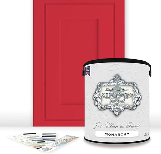 ALL-IN-ONE Paint, Durable cabinet and furniture paint. Built in primer and top coat, no sanding needed. Includes our 30 featured color card - Monarchy (primary red), Gallon