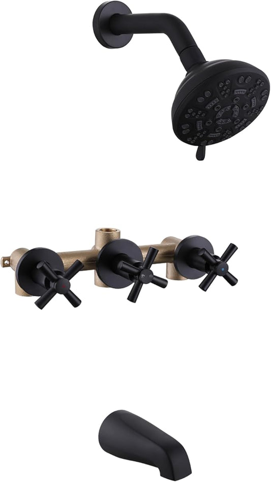 3 Handles Shower Faucet Set with Tub Spout Bathtub Shower Faucets Combo Set Shower System Complete Tub and Shower Trim Kit Shower Fixtures Matte Black