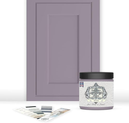 ALL-IN-ONE Paint, Durable cabinet and furniture paint. Built in primer and top coat, no sanding needed. Includes our 30 featured color card - Thistle (gray purple), 8oz Sample