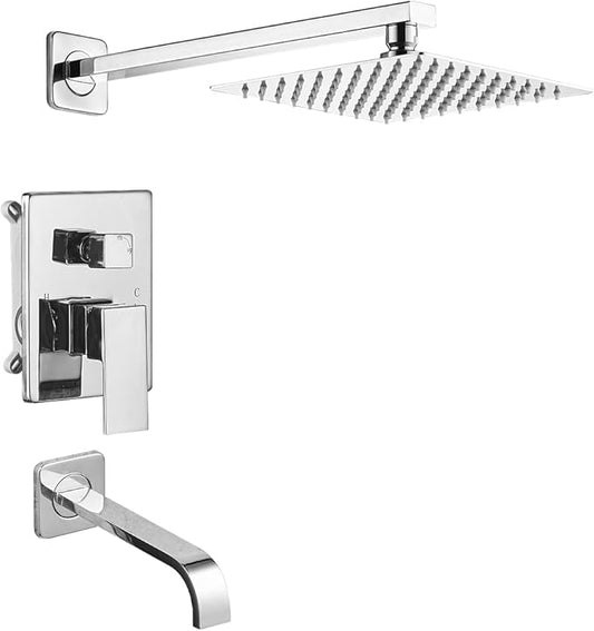 Polished Chrome Shower Faucet Set with Tub Spout Bathroom Luxury Rain Mixer Shower Head System Wall Mounted Shower Faucet Complete, Single Handle Tub and Shower Trim Kit with Rough-in Valve