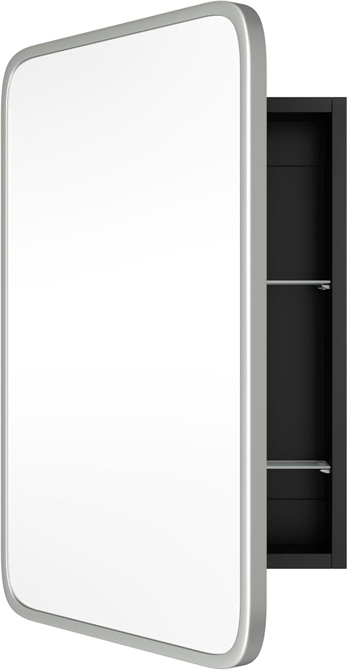 Vintage-Style Bathroom Wood Black Cabinet with 16.5''x24'' Brushed Nickel Metal Frame Curved Mirror, Recessed Medicine Cabinet, Bathroom Storage Cabinet