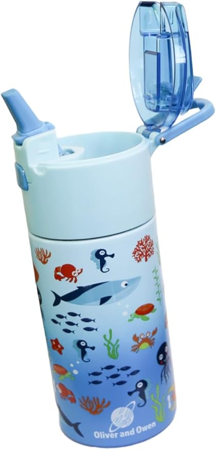 Kids insulated water bottle with straw and snack cup. Double wall stainless steel 14oz (skyblue ocean theme)