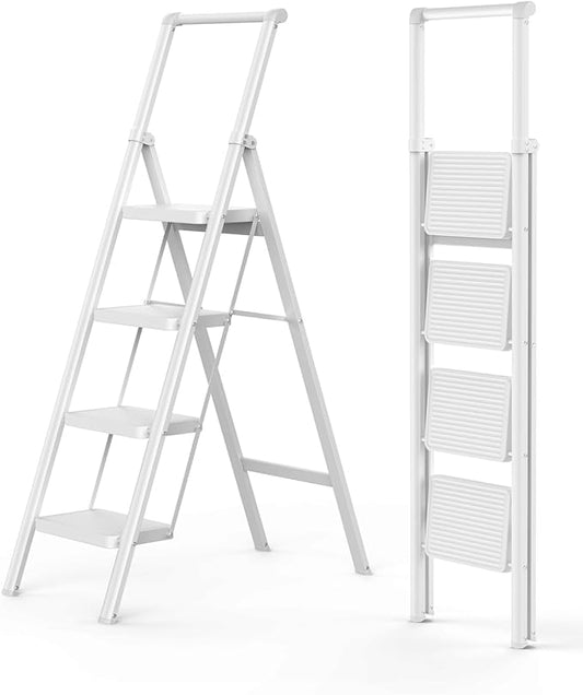 GORWARE 4 Step Ladder, Foldable Step Stools 330lbs Lightweight Sturdy Steel Ladder, Portable Folding Stepladder for Home Kitchen Office Garden, White