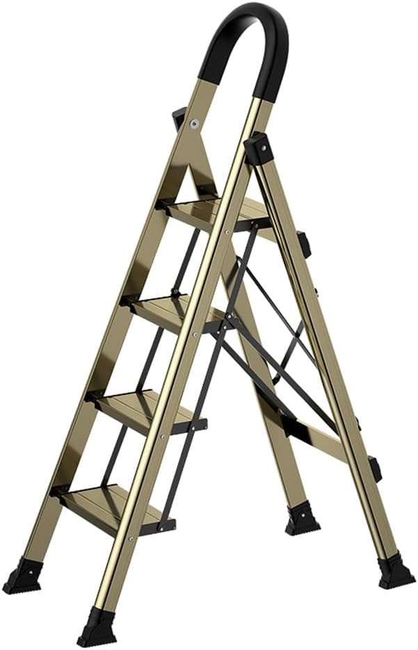 4 Step Ladder, Folding Aluminum Alloy Step Stool with Wide Anti-Slip Pedal for Adults, Champagne Gold 4 Tiers Stool with 330lbs Load Capacity for Home Kitchen Closet Garage Office