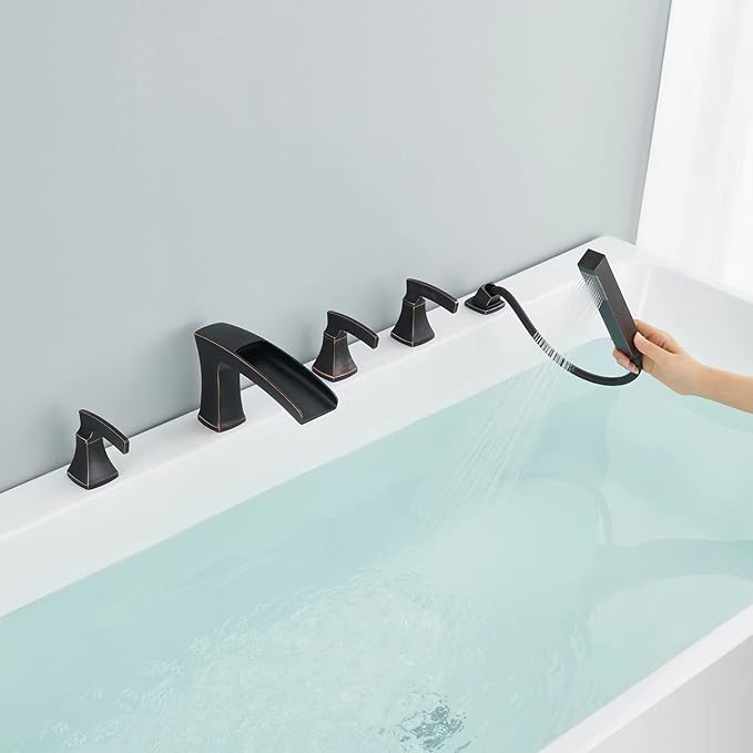Waterfall Roman Tub Faucet Bathtub Faucets Oil Rubbed Bronze Deck Mount Tub Filler 5 Hole Brass Bathroom Faucets with Hand Shower