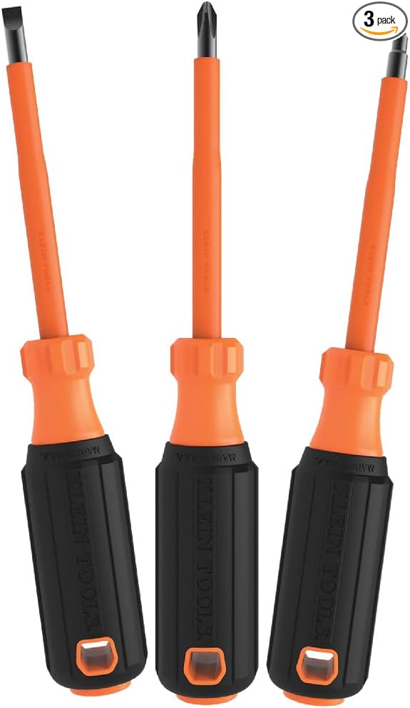 Klein Tools 85073INS Insulated Screwdriver Set, Made in USA, features 1000V Phillips, Slotted and Square Tips, Cushion Grip Handles, 3-Piece