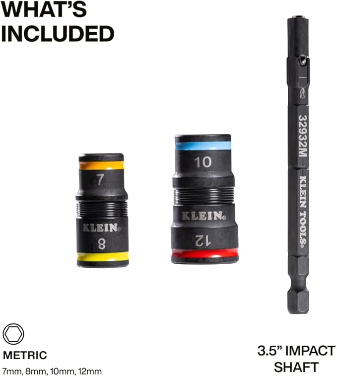 Klein Tools 32932M 4-in-1 Metric Impact Socket Set, 2 Flip Sockets with 4 Metric Hex Sizes, 7 mm, 8 mm, 10 mm, 12 mm, Impact Rated 3-1/2-Inch Shaft