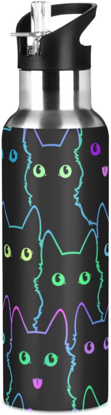 senya 20 Oz Water Bottle with Straw Colorful Neon Cat Stainless Steel Water Bottle for Traveling Sports Leakproof Insulated Water Bottle
